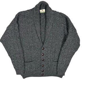 Carraig Donn Cable Knit Wool Cardigan Chunky Made in Ireland Grey Large